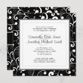 Zwart met White Scroll Square Wedding Invitation Kaart (Voorkant / Achterkant)