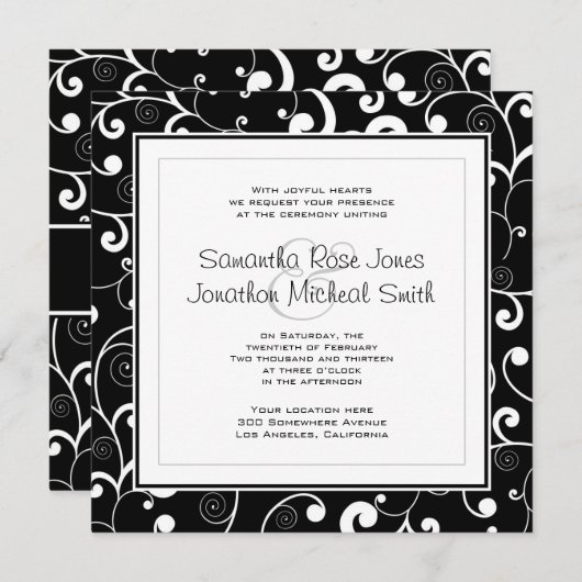Zwart met White Scroll Square Wedding Invitation Kaart (Voorkant / Achterkant)