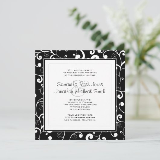 Zwart met White Scroll Square Wedding Invitation Kaart (Staand voorkant)