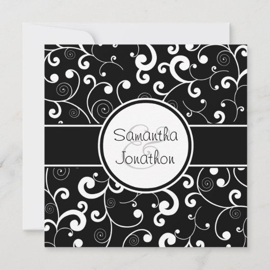 Zwart met White Scroll Square Wedding Invitation Kaart (Achterkant)