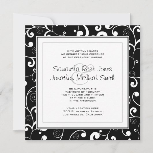 Zwart met White Scroll Square Wedding Invitation Kaart (Voorkant)
