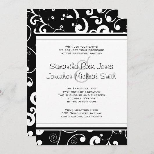 Zwart met White Scroll Wedding Invitation Kaart (Voorkant / Achterkant)