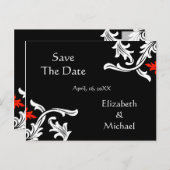 Zwart met wit, rood Damast bruiloft Save The Date Aankondigingskaart (Voorkant / Achterkant)