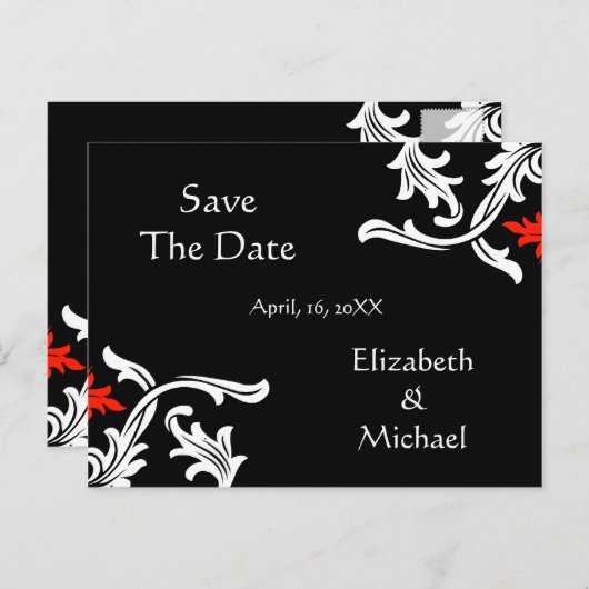 Zwart met wit, rood Damast bruiloft Save The Date Aankondigingskaart (Voorkant / Achterkant)