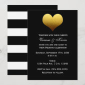 Zwart met witte gestreepte gouden hart uitnodiging (Voorkant / Achterkant)