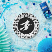 Zwart met witte heks Halloween Papieren Bordje (Feest)