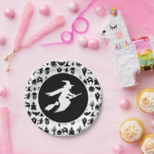Zwart met witte heks Halloween Papieren Bordje (Feest)