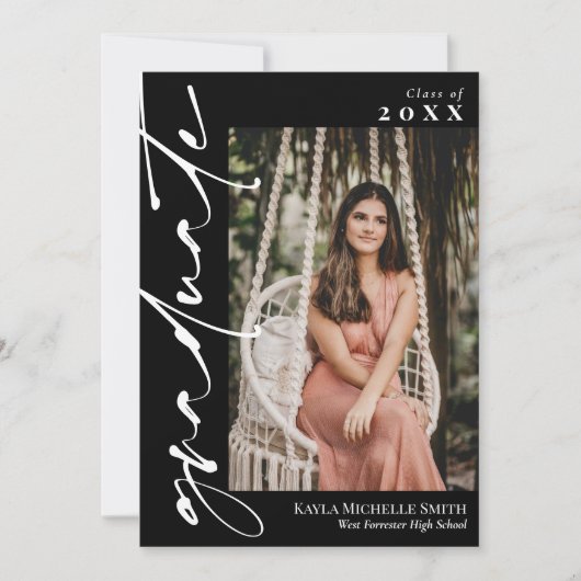 Zwart met witte kalligrafie Foto Afstuderen Kaart (Voorkant)