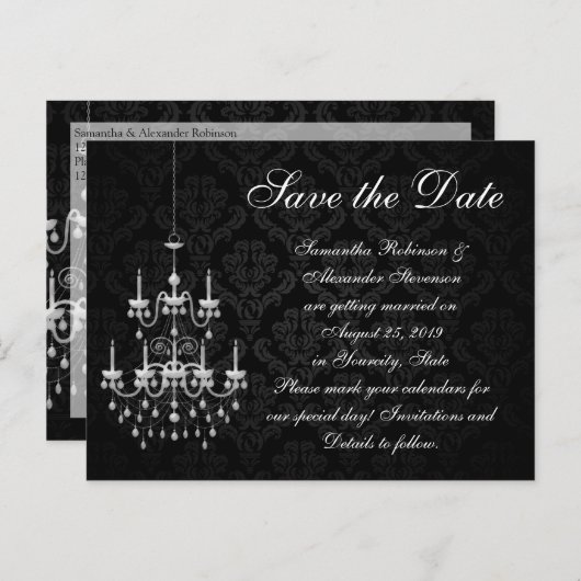 Zwart met witte kroonluchter Save the Date Aankondigingskaart (Voorkant / Achterkant)