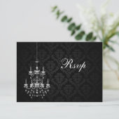 Zwart met witte kroonluchter silhouet RSVP kaartje (Staand voorkant)