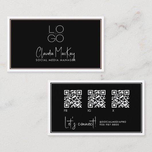 Zwart met witte rand, Key Line Script 3 QR-code Visitekaartje (Voorkant / Achterkant)