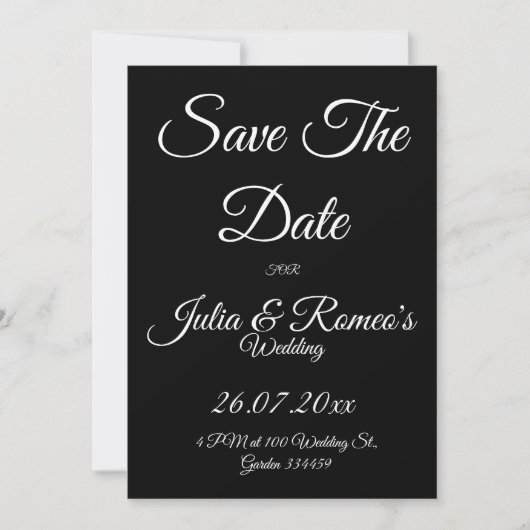 Zwart met witte tekst Save The Date kaart (Voorkant)