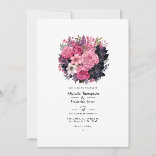 Zwart met zachte roze bloemen lente bruiloft kaart (Voorkant)