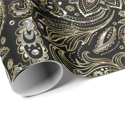 Zwart met zilver en gouden Floral Paisley Cadeaupapier (Rol Hoek)