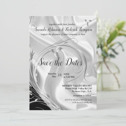 Zwart met zilver op de Champagne Silk Save the Dat Kaart (Staand voorkant)