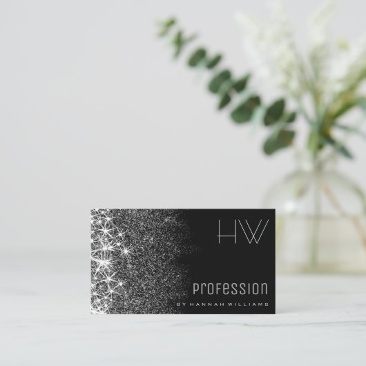 Zwart met Zilveren Glitter Stars Professional Even Visitekaartje (Staand voorkant)