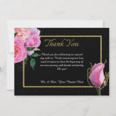 Zwart met Zwart Glitter & Roze Rozen Goud Bruiloft Bedankkaart (Voorkant)