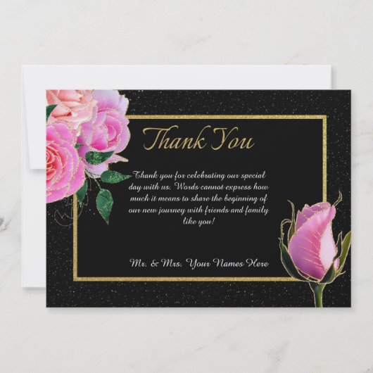 Zwart met Zwart Glitter & Roze Rozen Goud Bruiloft Bedankkaart (Voorkant)