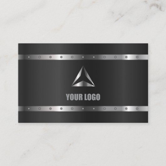 Zwart Metaal Glanzend Zilver Modern Elegant Monogr Visitekaartje (Voorkant)