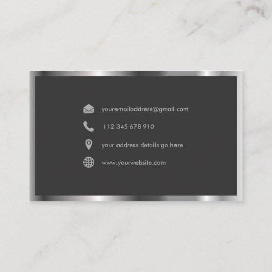 Zwart Metaal Glanzend Zilver Modern Elegant Monogr Visitekaartje (Achterkant)