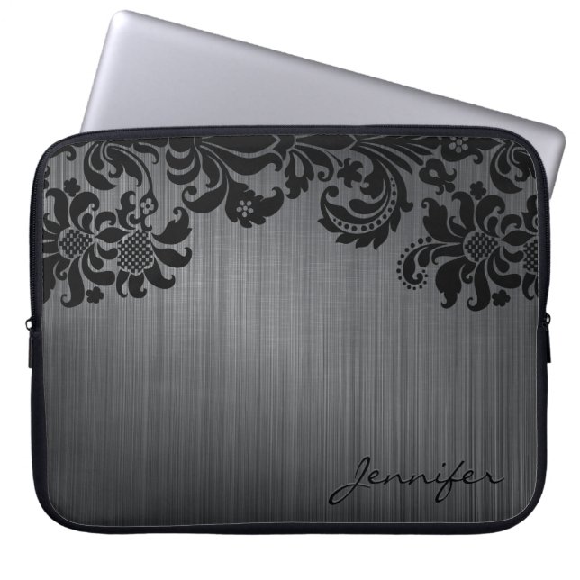 Zwart metalen aluminium in penseelpenselen laptop sleeve (Voorkant)
