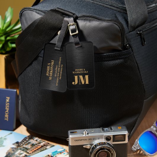 Zwart Metallic Achtergrond Gouden Typografie Bagagelabel (Voorkant /achterkant)