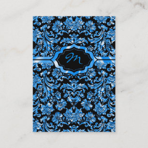Zwart & Metallic Blauw Bloemen Damasks Monogramed Visitekaartje