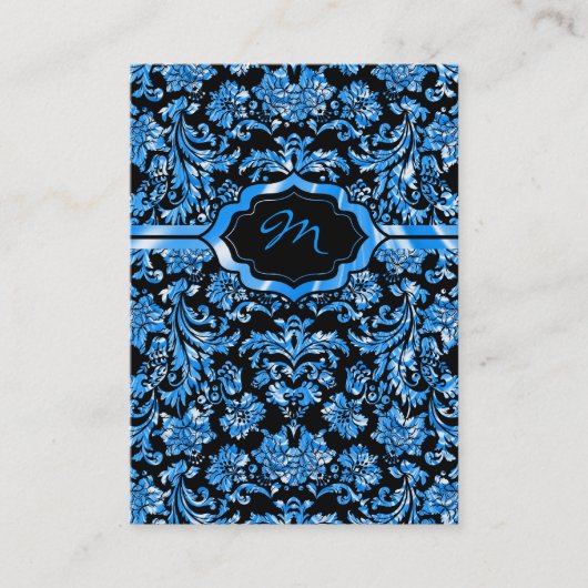 Zwart & Metallic Blauw Bloemen Damasks Monogramed Visitekaartje (Voorkant)