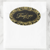Zwart & Metallic Goud Bloemen Damasks Dank u Ovale Sticker (Tas)