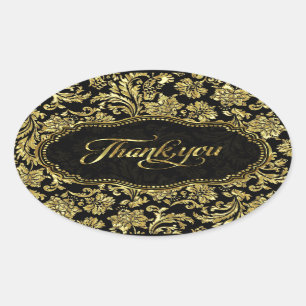 Zwart & Metallic Goud Bloemen Damasks Dank u Ovale Sticker