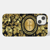 Zwart & Metallic Goud Vintage Damast Monogram iPhone Hoesje (Achterkant horizontaal)