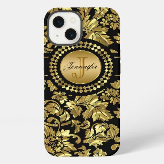 Zwart & Metallic Goud Vintage Damast Monogram iPhone Hoesje (Achterkant)