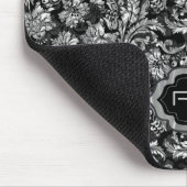 Zwart & Metallic Zilver Bloemen Damasks Monogramed Muismat (Hoek)
