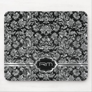 Zwart & Metallic Zilver Bloemen Damasks Monogramed Muismat