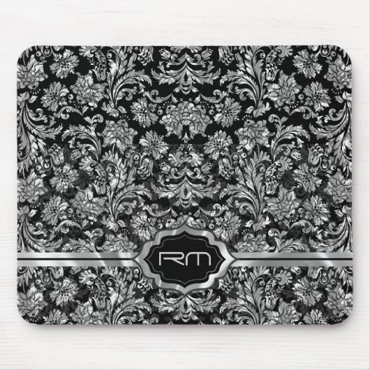 Zwart & Metallic Zilver Bloemen Damasks Monogramed Muismat (Voorkant)