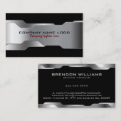 Zwart & Metallic Zilver Geometrisch Ontwerp Visitekaartje (Voorkant / Achterkant)