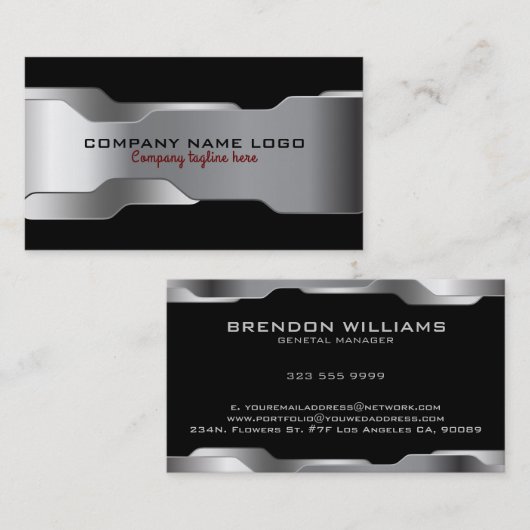 Zwart & Metallic Zilver Geometrisch Ontwerp Visitekaartje (Voorkant / Achterkant)