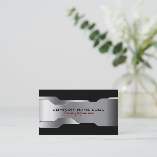 Zwart & Metallic Zilver Geometrisch Ontwerp Visitekaartje (Staand voorkant)