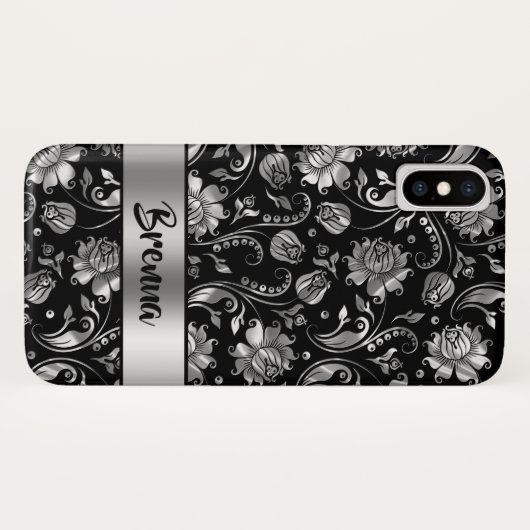 Zwart & Metallic Zilver Grijs Damast Patroon Case-Mate iPhone Case (Achterkant (horizontaal))