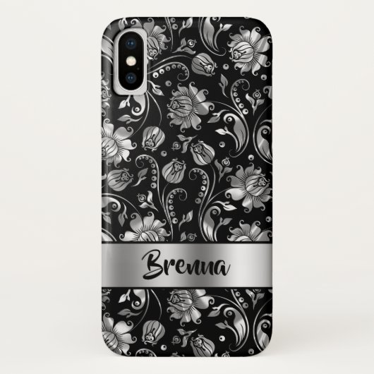 Zwart & Metallic Zilver Grijs Damast Patroon Case-Mate iPhone Case (Achterkant)