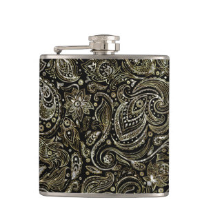 Zwart & Metallic Zilver met Gouden Bloemen Paisley Heupfles