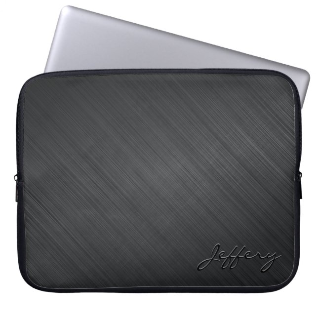 Zwart metallisch design-geborsteld aluminium look  laptop sleeve (Voorkant)