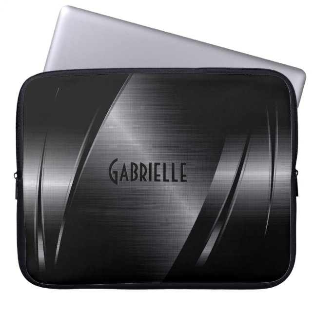 Zwart metallisch modern geometrisch ontwerp laptop sleeve (Voorkant)