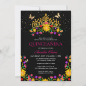 Zwart Mexicaans Fiesta Bloemen Goud Tiara Quincean Kaart (Voorkant)