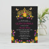 Zwart Mexicaans Fiesta Bloemen Goud Tiara Quincean Kaart (Staand voorkant)