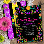 Zwart Mexicaans Fiesta Folk Art Bloemen Zoet Zesti Kaart<br><div class="desc">Floral Sweet Sixteen Uitnodiging voor de 16e verjaardag van uw dochter. Dit thema heeft heldere en kleurrijke Mexicaanse volkskunstbloemen in rood, roze, paarse en geel op een zwarte achtergrond. De achterkant van de kaart heeft Mexicaanse fiesta, bloemenpapel picado in fel paarse, gele en roze. De sjabloon staat klaar voor u...</div>