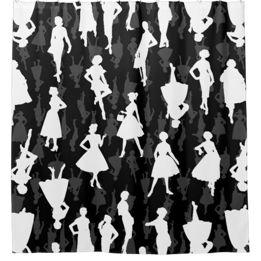 Zwart Mid Century 1950s silhouet vrouwen Douchegordijn (Voorkant)
