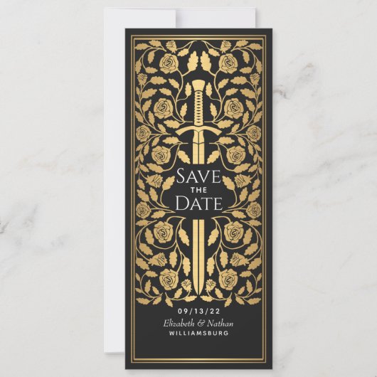 Zwart middeleeuws zwaard Opslaan Datum uitnodiging (Voorkant)