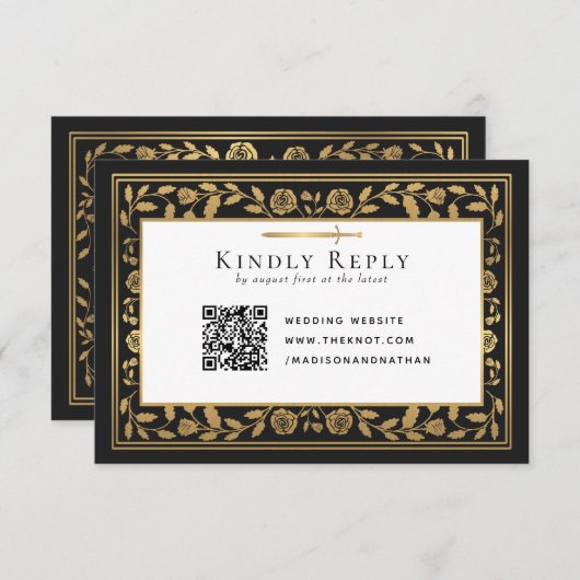 Zwart Middeleeuws Zwaard Wedding RSVP QR Code Informatiekaartje (Voorkant / Achterkant)