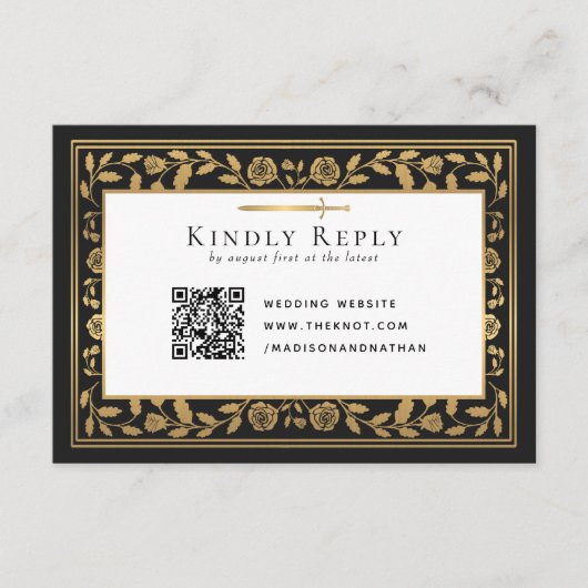Zwart Middeleeuws Zwaard Wedding RSVP QR Code Informatiekaartje (Voorkant)